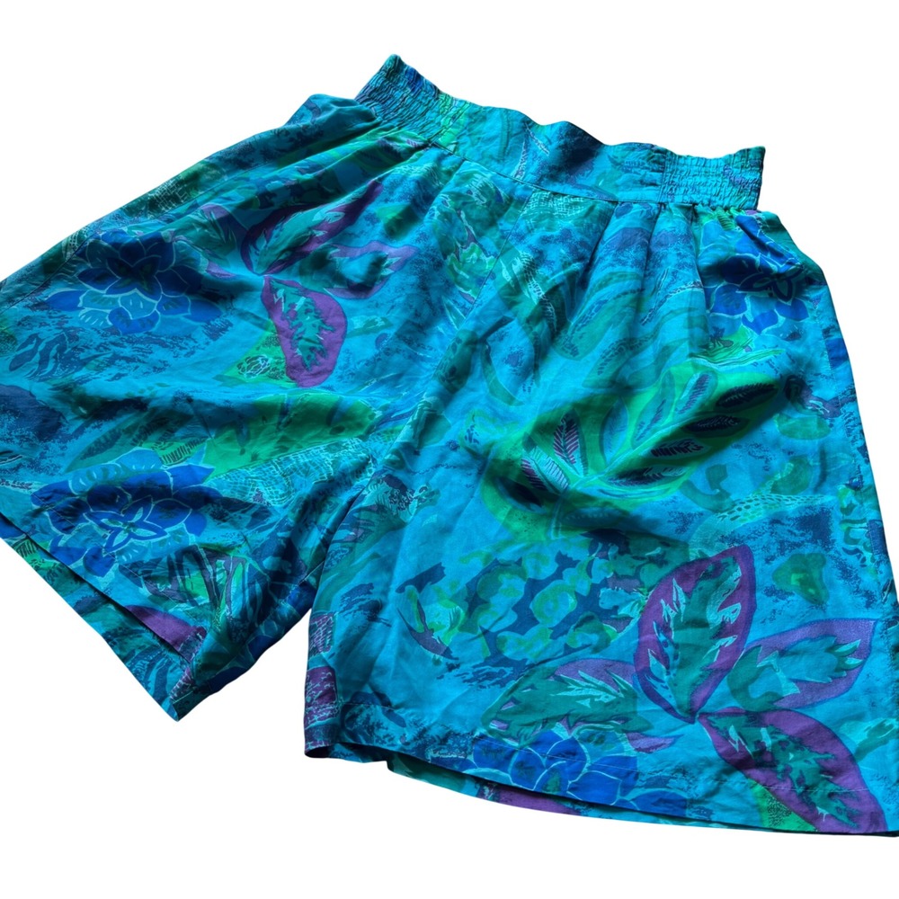 Vintage Options Melrose 100% Silk Tropical Floral Shorts Turquoise Blue Green M
